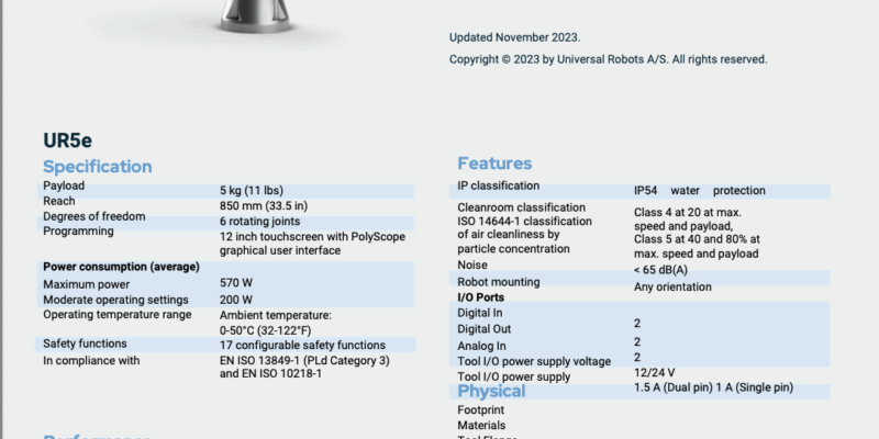 Universal Robots UR5e Technical Specification