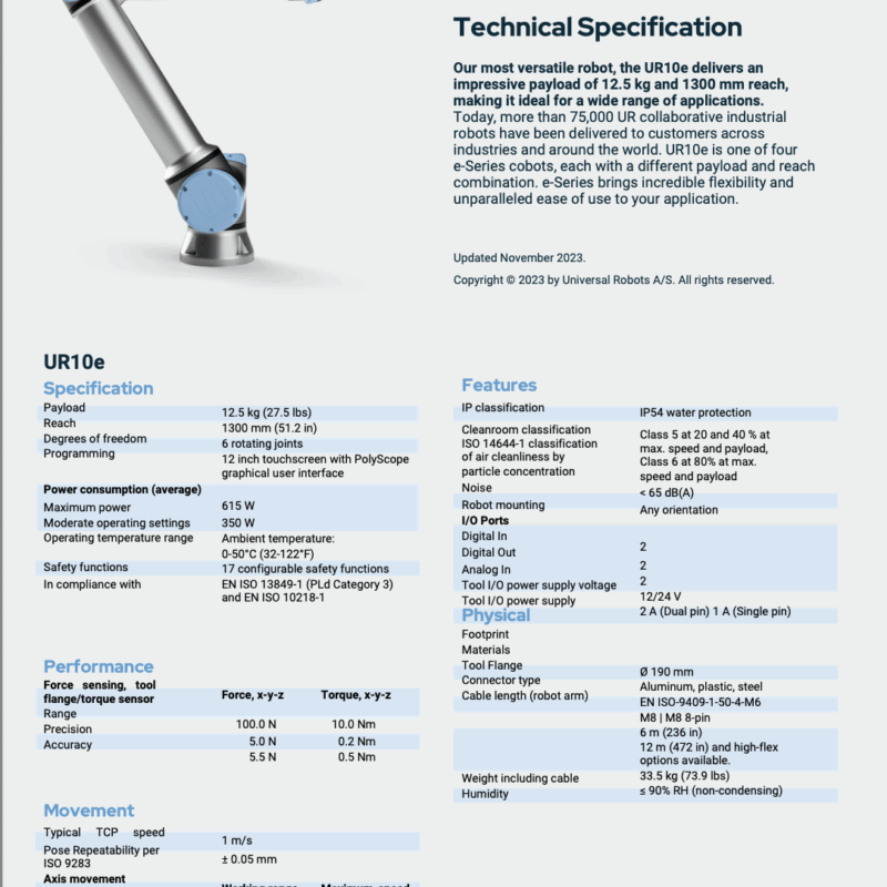 Universal Robots UR10e Technical Specification
