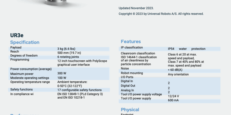 Universal Robots UR3e Technical Specification