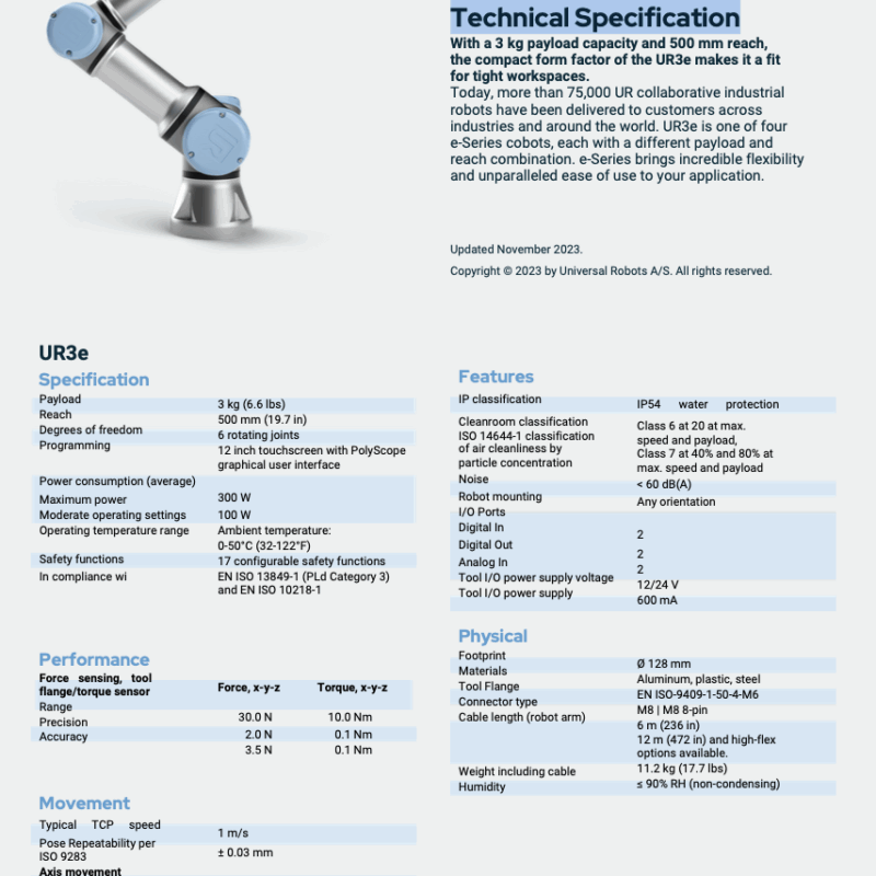 Universal Robots UR3e Technical Specification