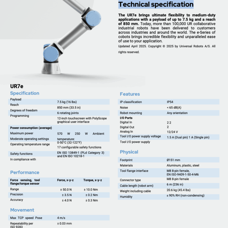 Universal RobotsUR7e Technical Specification