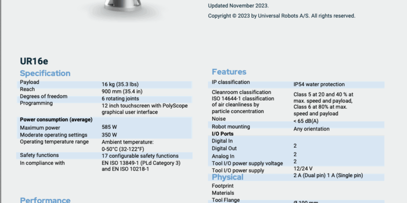 Universal Robots UR16e Technical Specification