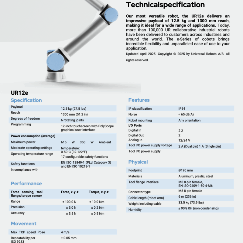 Universal Robots UR12e Technical Specification