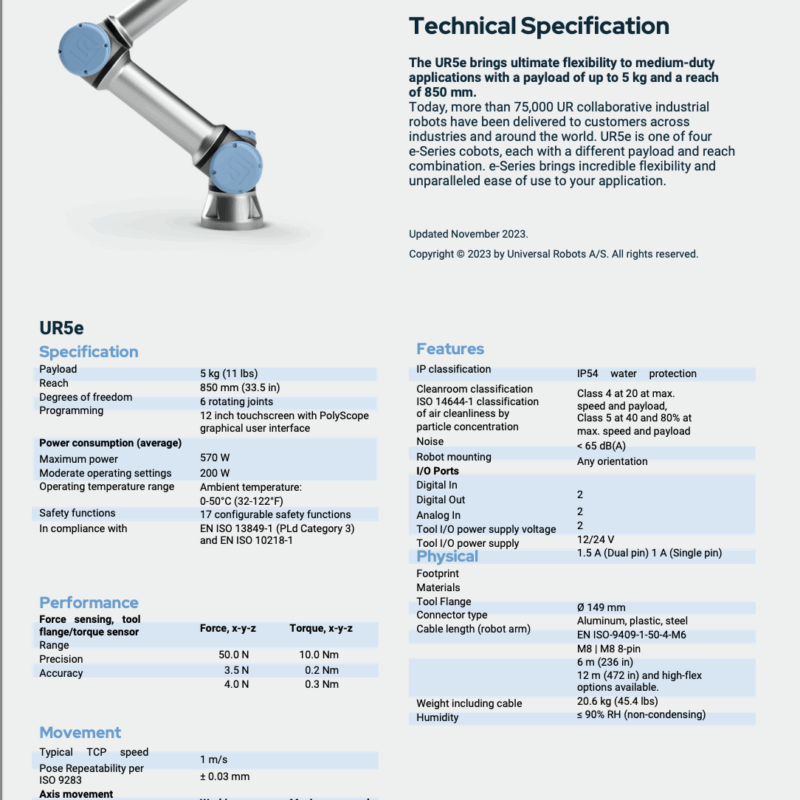 Universal Robots UR5e Technical Specification