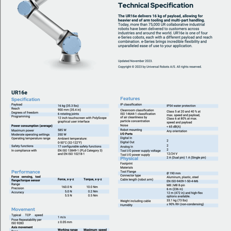 Universal Robots UR16e Technical Specification