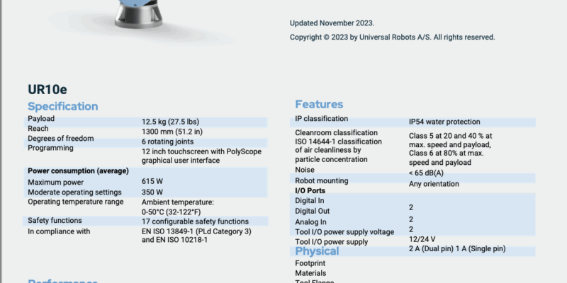 Universal Robots UR10e Technical Specification